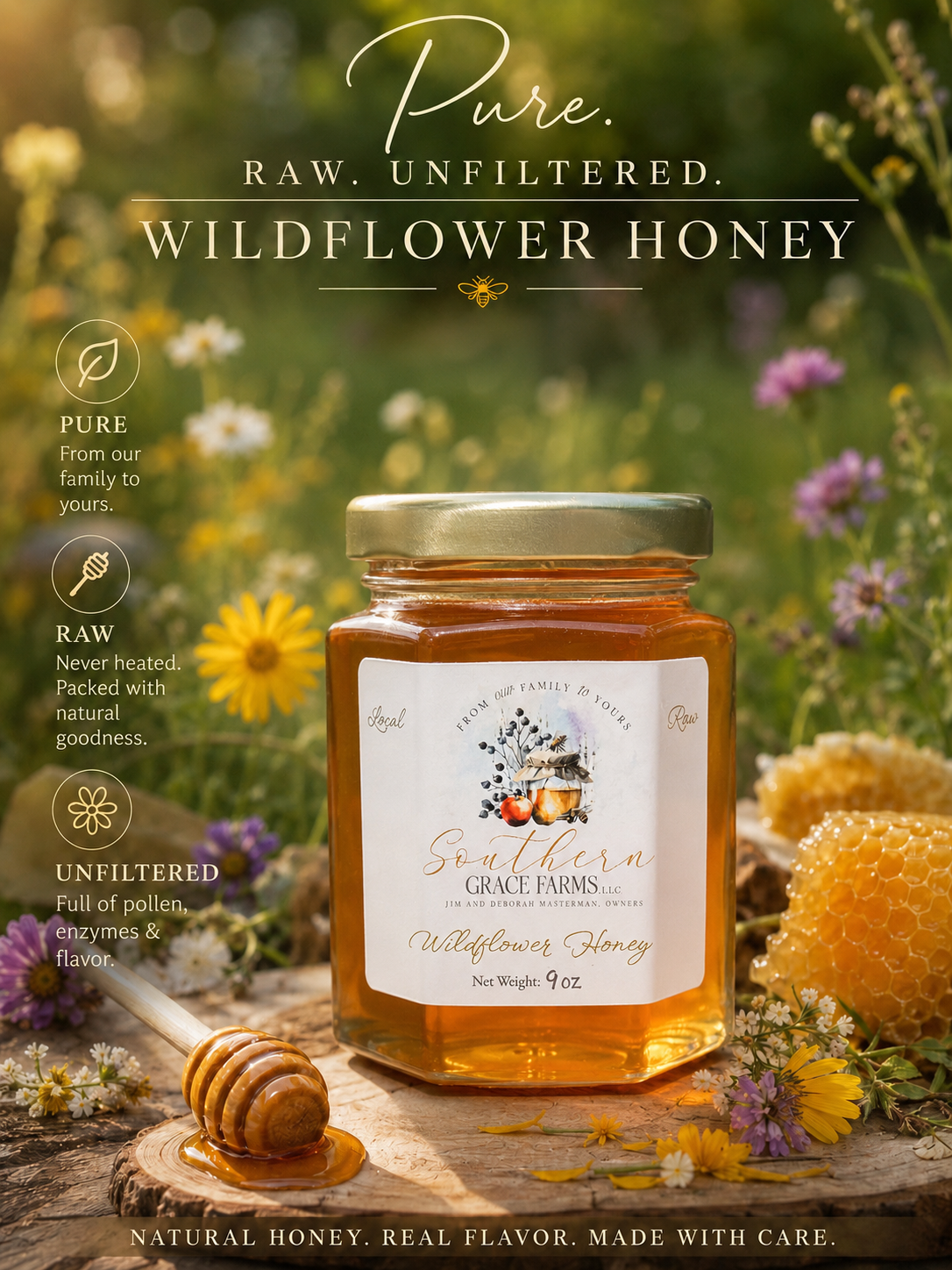 Pure, Raw, and Unfiltered Michigan Wildflower Honey - 9 oz Net Weight Jar