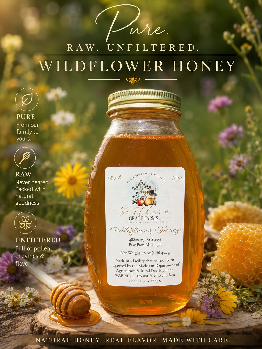 Pure, Raw, and Unfiltered Michigan Wildflower Honey - 1 lb (16 oz Net Weight) Jar