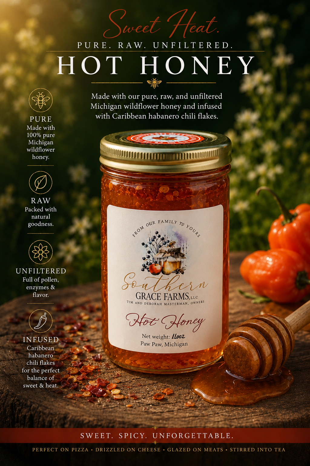 Pure Michigan Hot Honey Infused with Habanero Chili Flakes - 1 lb (16 oz Net Weight) Jar