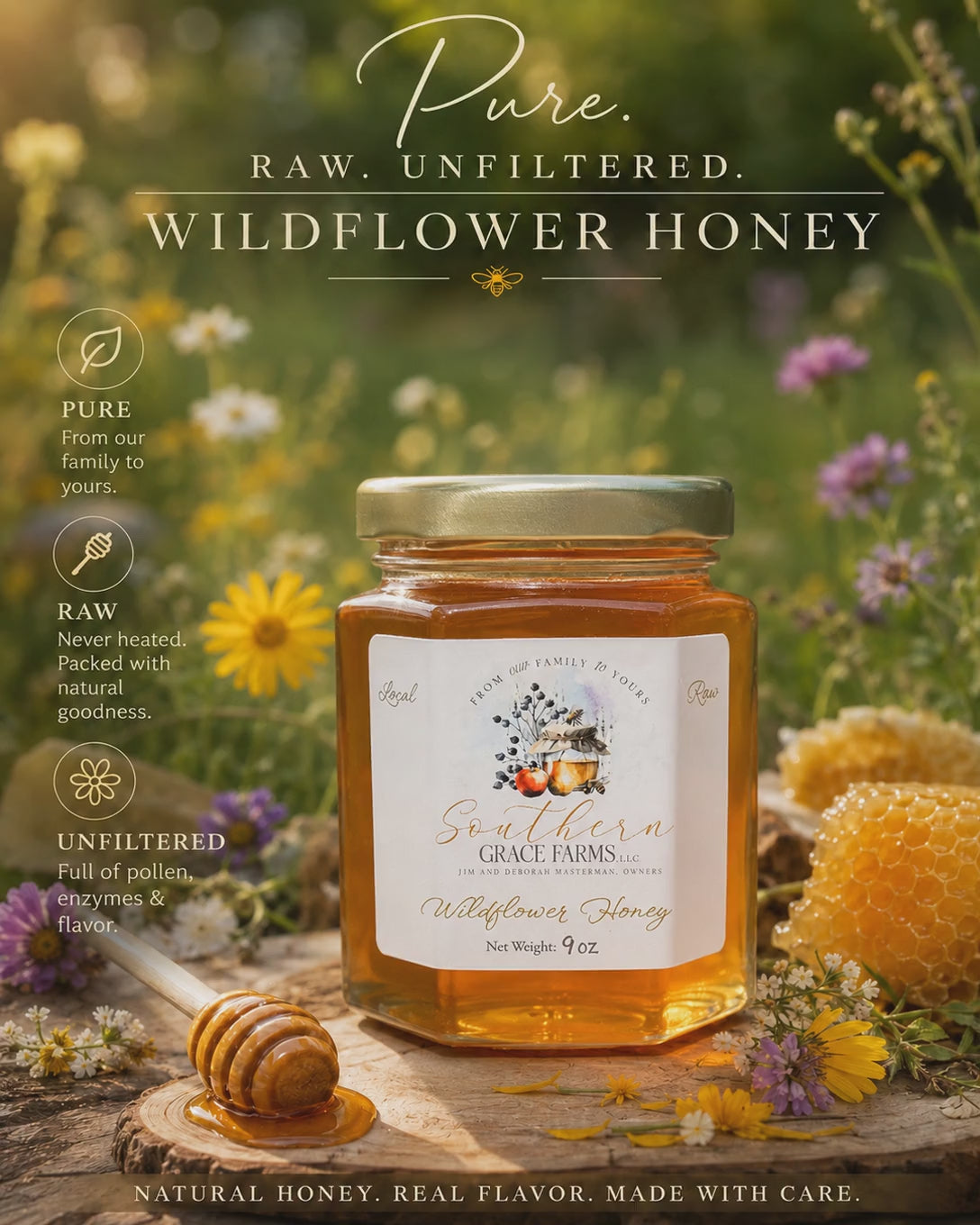 Pure, Raw, and Unfiltered Michigan Wildflower Honey - 9 oz Net Weight Jar